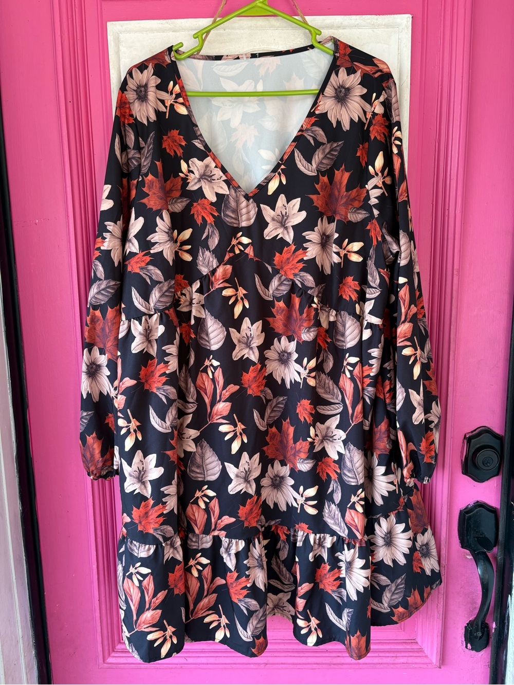 FALL print Black Floral V-Neck Tiered Long Sleeve Dress